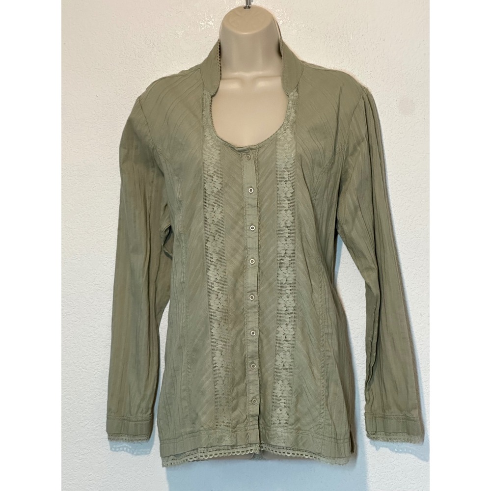 FGL Sage Green Cotton Crochet Lace Button Front Blouse XL